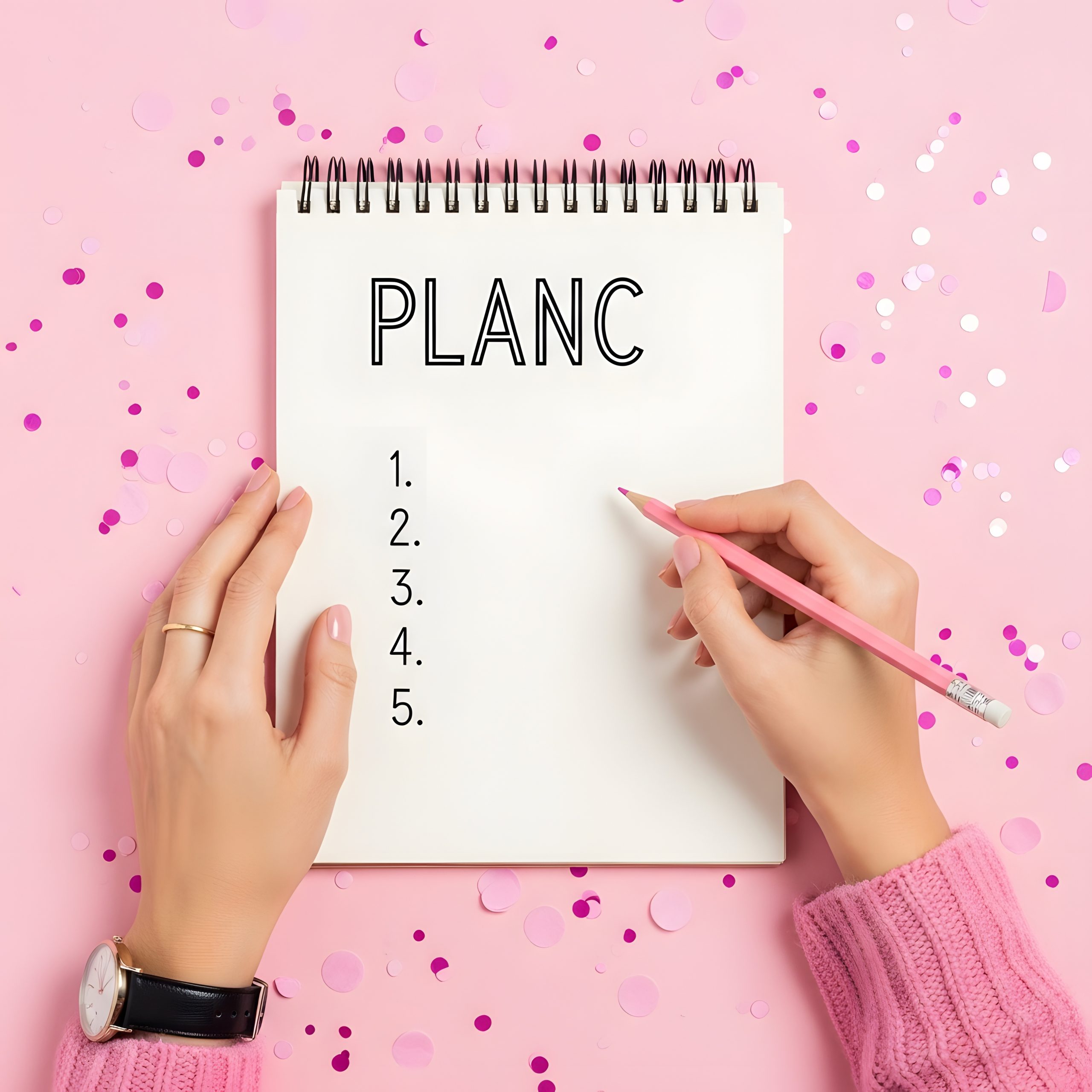 Hands writing a numbered list on a notebook with pink confetti