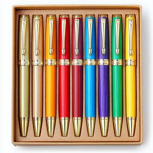 Writing Companions - A set of ten colorful pens with gold accents arranged neatly in a light brown gift box. The pens are vibrant and diverse in color, showcasing a range of hues. The box provides a sophisticated presentation.