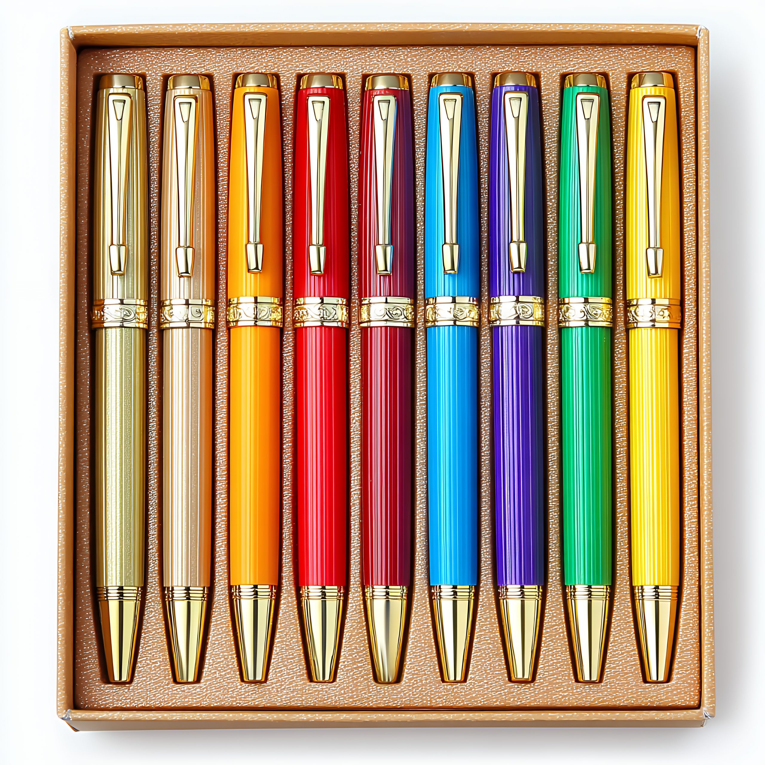 Writing Companions - A set of ten colorful pens with gold accents arranged neatly in a light brown gift box. The pens are vibrant and diverse in color, showcasing a range of hues. The box provides a sophisticated presentation.