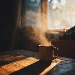 Steam rising from a mug on a wooden table in morning light