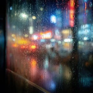 Rain on a window with blurred city lights beyond