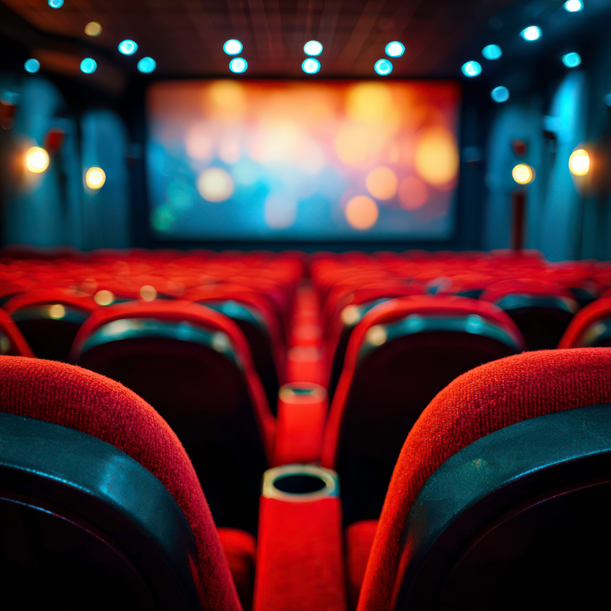 Empty cinema seats facing a softly lit screen