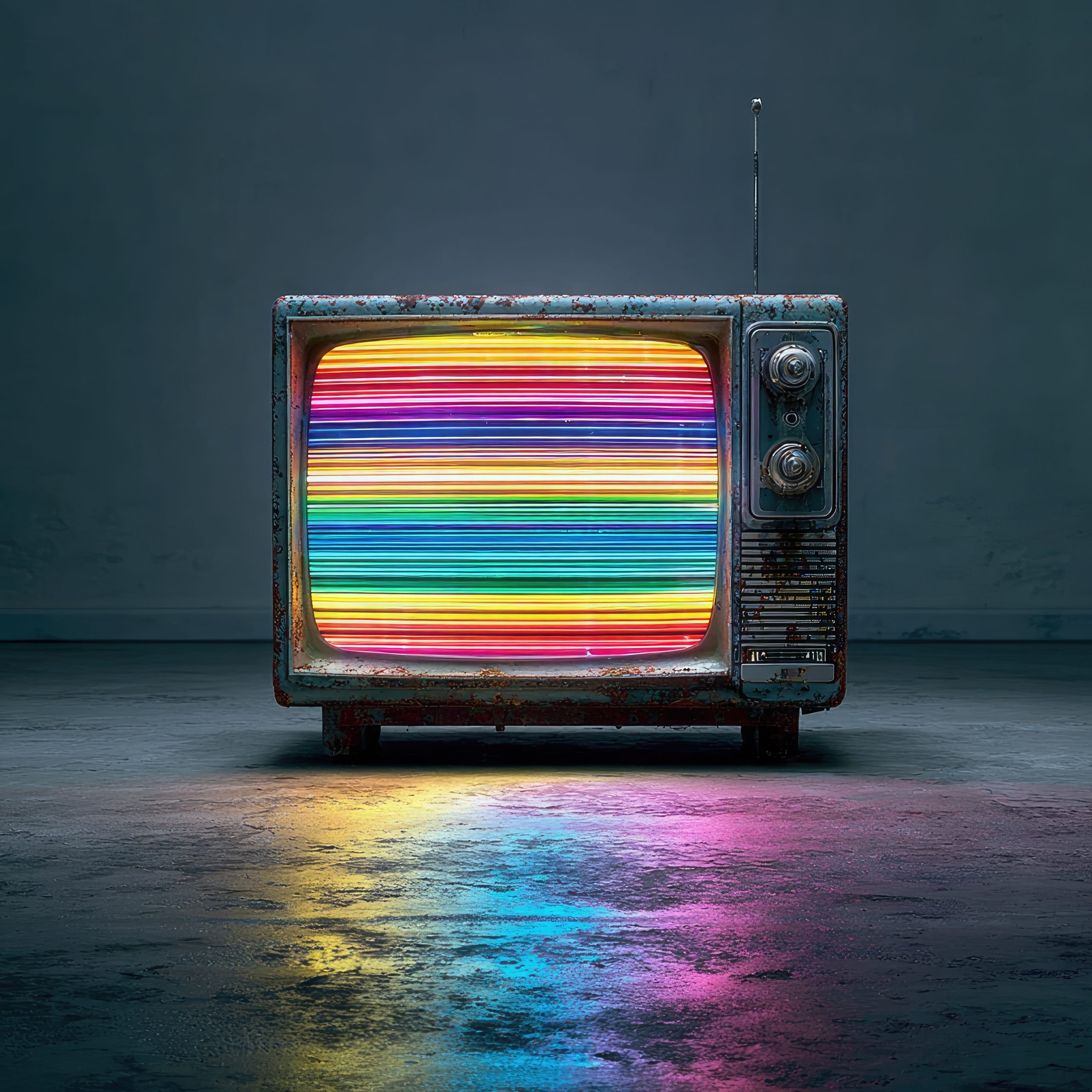 Vintage television displaying colourful static, symbolising media saturation and cultural noise