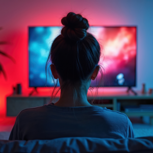 A person sitting on a sofa watching a television screen glowing with red and blue light in a darkened living room.