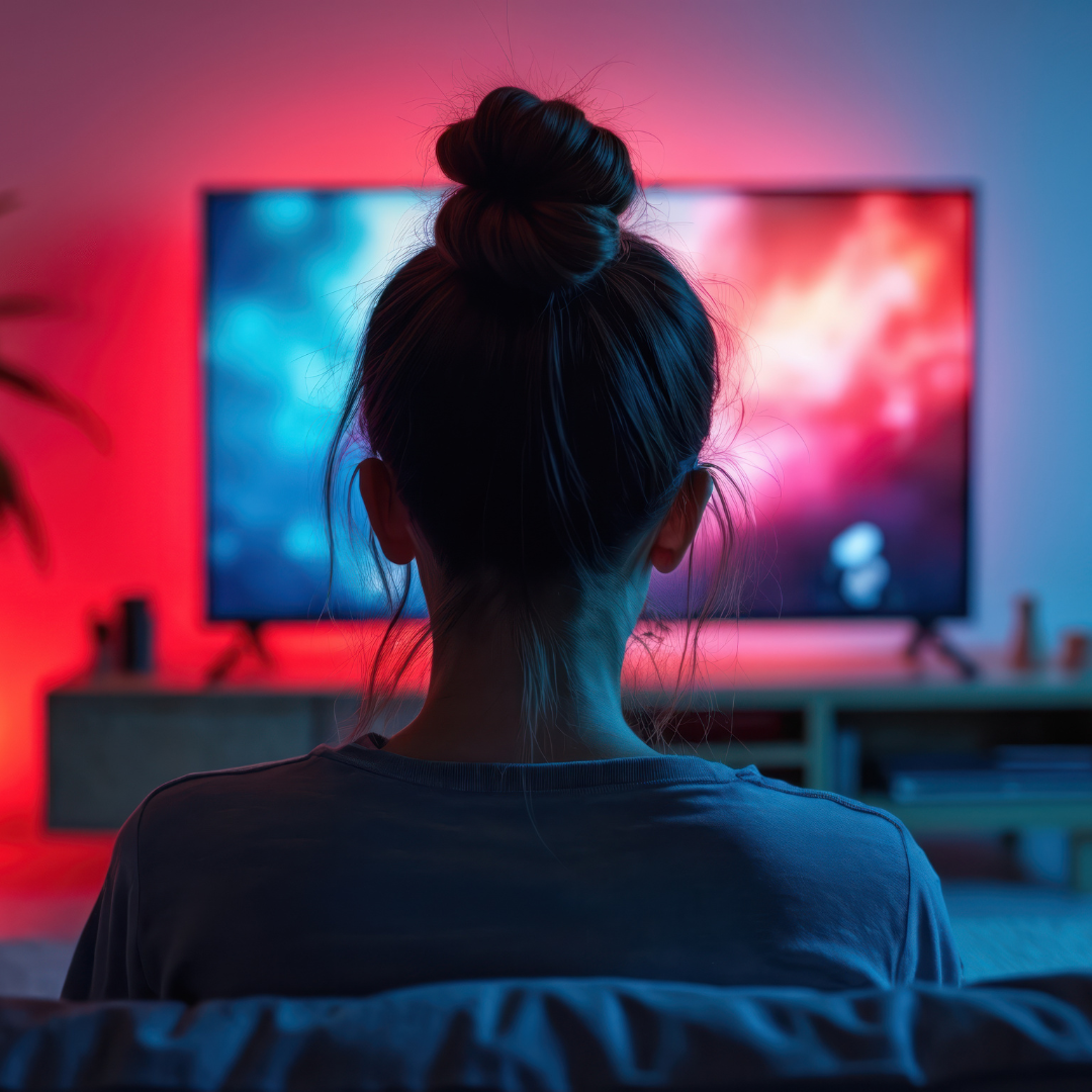 A person sitting on a sofa watching a television screen glowing with red and blue light in a darkened living room.