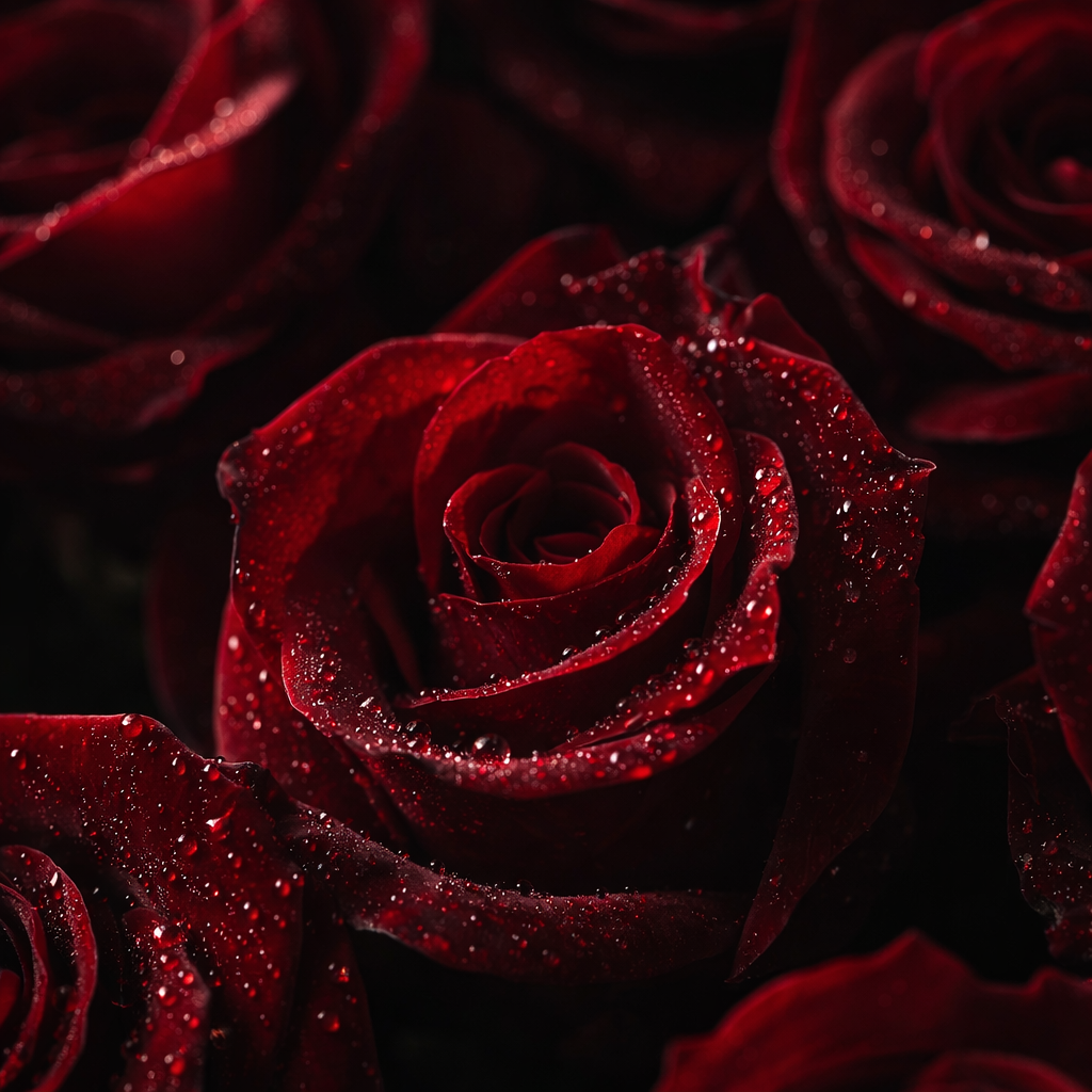 Deep red roses with water droplets in dramatic lighting, symbolising love songs, memory and emotional reflection.